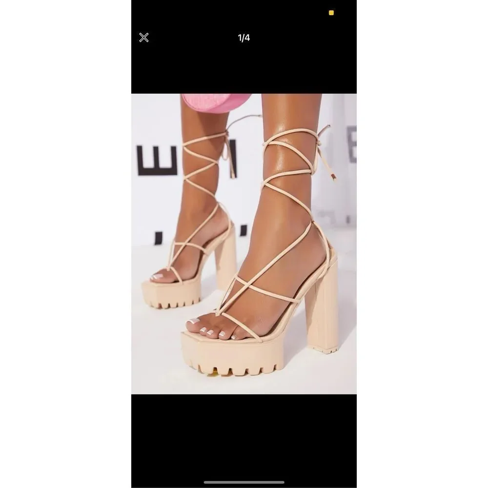 Shein Faux Leather Criss Cross Straps Lug Sole Chunky Heels - Picture 2 of 2